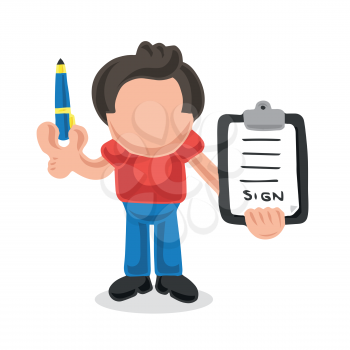Vector hand-drawn cartoon illustration of man holding pen and clipboard of document for signing.