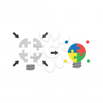 Flat design vector illustration concept of puzzle pieces grey light bulb symbol icon unite and glowing