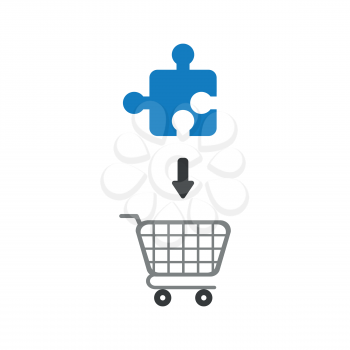 Flat design vector illustration concept of blue jigsaw puzzle piece symbol icon into grey shopping cart.