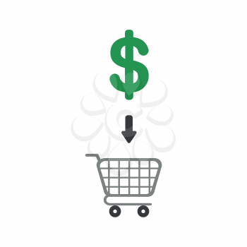 Vector illustration concept of green dollar symbol showing grey shopping cart icon.