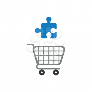 Vector illustration concept of blue puzzle jigsaw piece over grey shopping cart icon.