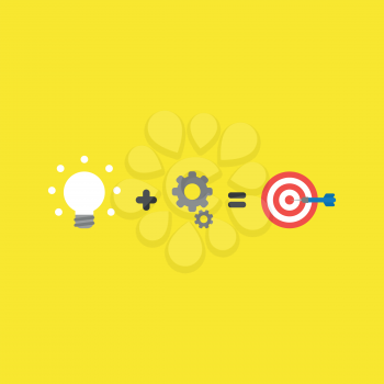 Flat vector icon concept of glowing light bulb plus gears equals bulls eye and dart in the center on yellow background.