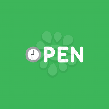 Flat vector icon concept of open word with clock on green background.