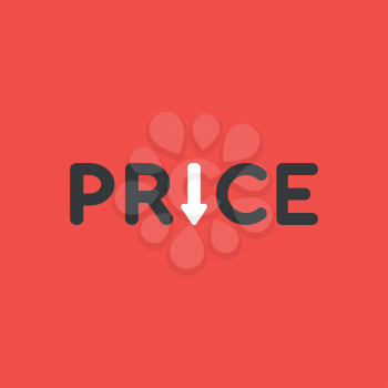 Flat vector icon concept of price word with arrow moving down on red background.