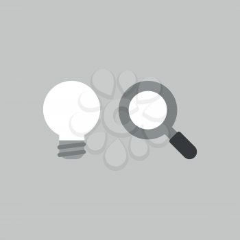 Flat vector icon concept of grey light bulb with magnifying glass on grey background.