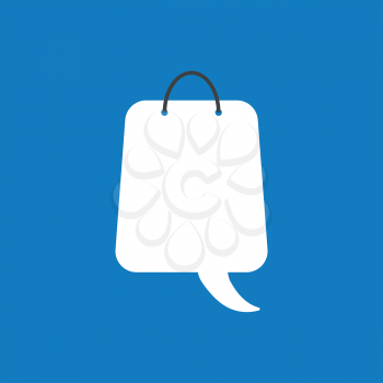 Flat vector icon concept of shopping bag with speech bubble on blue background.