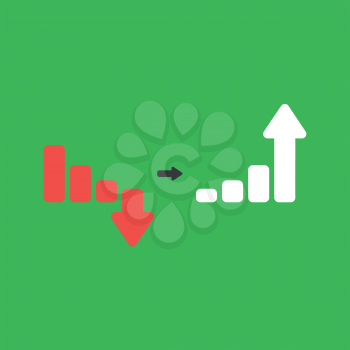 Flat vector icon concept of sales bar graph moving down and up on green background.
