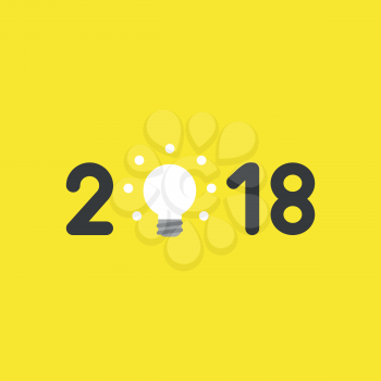 Flat vector icon concept of year of 2018 with glowing light bulb on yellow background.