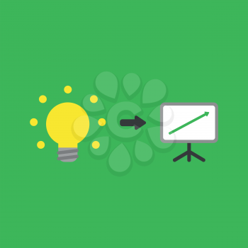 Flat vector icon concept of yellow glowing light bulb and sales chart arrow moving up on green background.