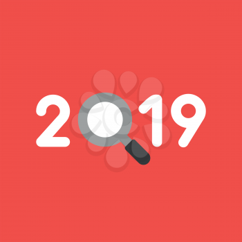 Flat vector icon concept of year of 2019 with magnifying glass on red background.