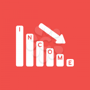 Flat vector icon concept of income sales bar graph arrow moving down on red background.