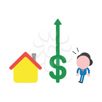 Vector illustration businessman character with house and looking dollar arrow moving up.