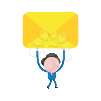 Vector illustration businessman character walking and holding up closed mail envelope.