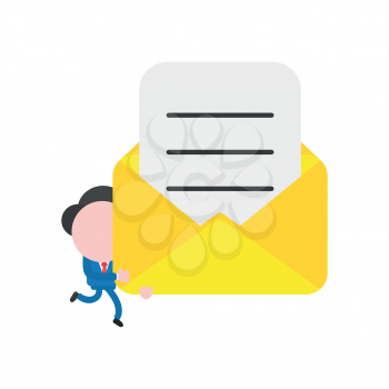 Vector illustration businessman character running and carrying open mail envelope with written paper.
