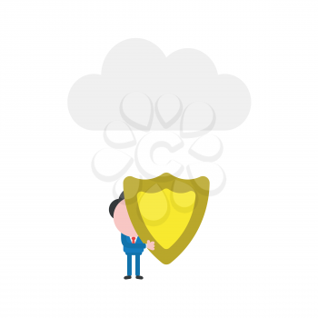 Vector illustration businessman character holding guard shield under cloud.