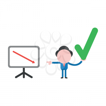Vector illustration businessman character with sales chart arrow moving down and holding check mark.