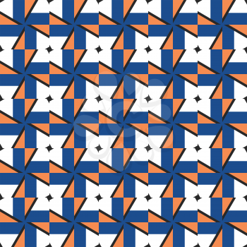 Vector seamless pattern texture background with geometric shapes, colored in blue, orange, black and white colors.