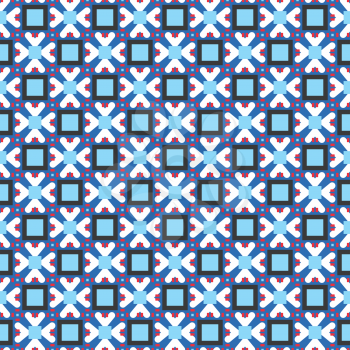 Vector seamless pattern texture background with geometric shapes, colored in blue, red, black and white colors.