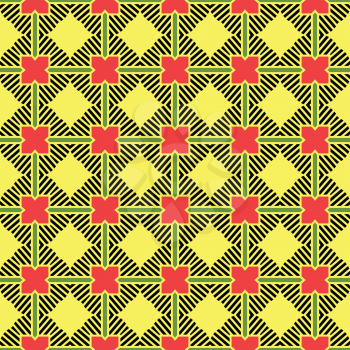 Vector seamless pattern texture background with geometric shapes, colored in yellow, black, green and red colors.
