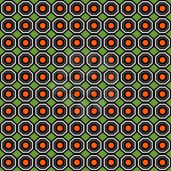 Vector seamless pattern background texture with geometric shapes, colored in orange, black, brown, black and green colors.