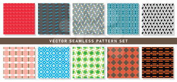 Vector seamless pattern texture background set with geometric shapes in red, black, blue, grey, white, green, yellow, orange, pink and brown colors.