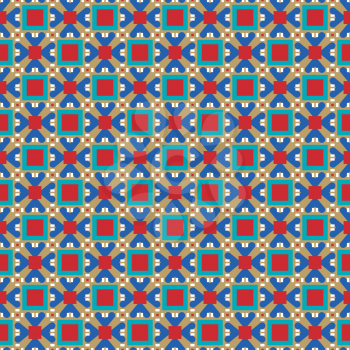 Vector seamless pattern texture background with geometric shapes, colored in brown, red, blue and white colors.
