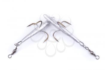 Fishing hooks on a white background.