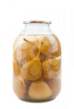 Canned pears in the bank on a white background.