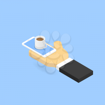 Hand with smartphone and cup of coffee . Ordering coffee online . Isometric vector illustration .