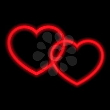 Two red hearts with neon lights. Vector illustration .