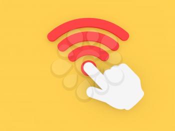 Hand cursor clicks on the wi-fi sign. 3d render illustration.