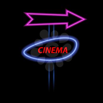 Neon cinema banner and arrow on a dark background. Vector illustration .
