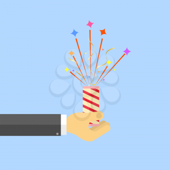 Hand with exploding fireworks on a white background. Vector illustration .