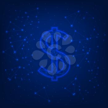 Glowing dollar sign on a blue background. Vector illustration .