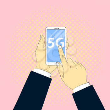 Businessman connected to the Internet with a 5G smartphone. Vector illustration .