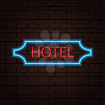 Neon sign of a hotel on a brick wall. Vector illustration .