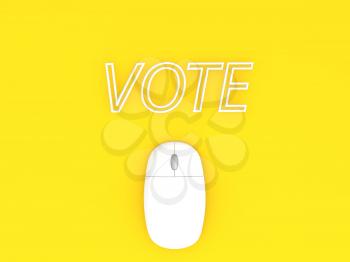 Computer mouse and the word VOTE yellow background backdrop. 3d render illustration.