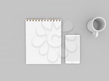 White blank notebook mobile and empty mug on a gray background. 3d render illustration.