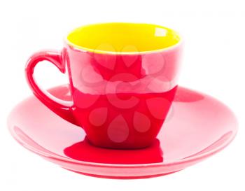 Beautiful color red cup mug on plate dish isolated on white background