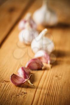 White raw garlic on wooden plank desk background. Organic garlic whole and cloves