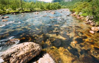 Norway Nature River. Sunny Summer Day, Landscape With Mountain, Pure Cold Water River, Pond