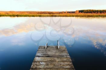 Old Wooden Pier. Calm River Nature Background