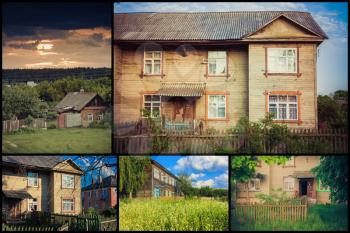 Old Wooden House On The Countryside. Set, Collage
