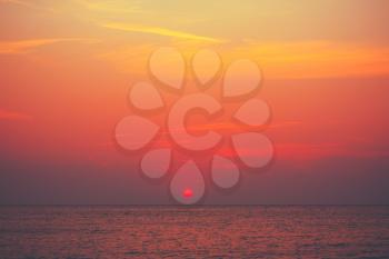 Red Sunset, Sunrise, Sun Background Over Ocean, Sea