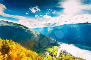 Aurlandsvangen Seen From Stegastein Viewpoint (Aurlandsvegen, Norway)