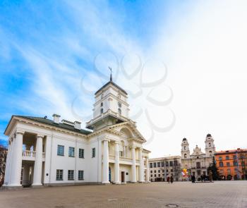 MINSK, BELARUS - APRIL 6, 2014 Town hall. Capital prepares for ice hockey tournament which will be held on May 9-25, 2014.