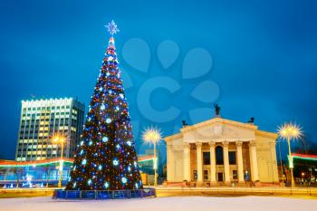 Main Christmas Tree And Festive Illumination On Lenin Square In Gomel. New Year In Belarus.