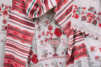 Linen Towels With Belorussian Ethnic National Folks Ornament On Clothes. Slavic Traditional Pattern Ornament Embroidery. Culture Of Belarus