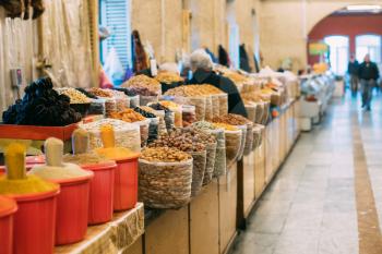 Tbilisi, Georgia. Market Bazar Abundant Counter Of Fragrant Spices, Aromatic Herbs, Dried Fruit And Nuts On Sale.