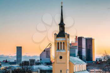 Tallinn, Estonia. Morning View Cityscape Of Church Of St. John Jaani Kirik Is Large Lutheran Parish Church In Tallinn Dedicated To St. John The Evangelist, Disciple Of Jesus Christ